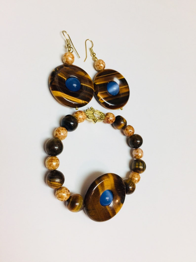 Tigers eye and cats eye Jewelry Set, Bracelet and Earrings, gemstone, beads, Handcrafted, Jewellery, Gift for mom, Gift for her, custom made image 2