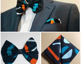 Mens Pre-tied Bow Tie, Pocket Square, African Print & Satin Reversible Bow Tie, Ankara Suit Accessories, Wedding, Formal, Gift for him