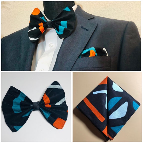 Mens Pre-tied Bow Tie, Pocket Square, African Print & Satin Reversible Bow Tie, Ankara Suit Accessories, Wedding, Formal, Gift for him