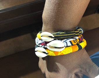 Cowry and Ankara Cord Bangles, Pukashell Stackable  Bracelets, Handmade Jewelry, Colorful Accessories, Afrocentric, Multicolored wristbands