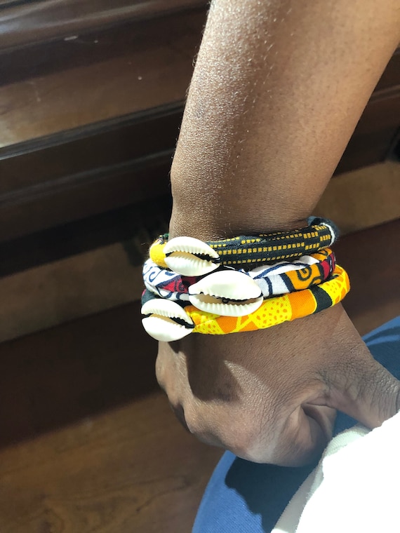 Cowry and Ankara Cord Bangles, Pukashell Stackable  Bracelets, Handmade Jewelry, Colorful Accessories, Afrocentric, Multicolored wristbands