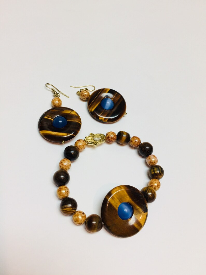 Tigers eye and cats eye Jewelry Set, Bracelet and Earrings, gemstone, beads, Handcrafted, Jewellery, Gift for mom, Gift for her, custom made image 1