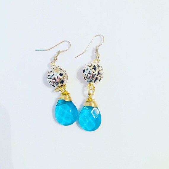 Aqua Teardrop Silver Earrings, Dangling Earrings, Handcrafted Earrings, Wirewrapped, CustomMade Jewelry, Silver and gold wire earrings