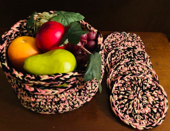 Crochet Basket, Coaster Set, Home Decor, Housewarming, Handmade Home Decor, gift for home, Basket with Handle, Storage