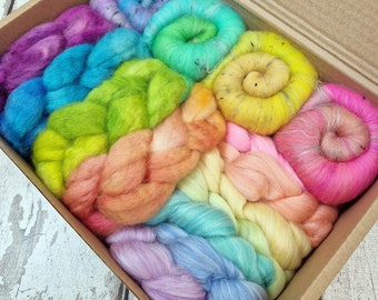 Spinning batts, dyed roving, and blended top selection box. Merino, Bfl, and baby llama 340g (11.9oz) BOX OF BITS #12