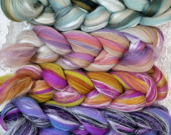 Blended top for spinning and felting. 21 micron Merino wool and silk. 100g (3.5oz) SET 1