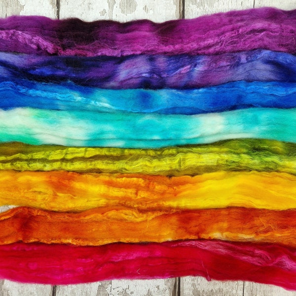 Hand dyed BFL wool and tussah silk set for spinning 100g (3.5oz) - RAINBOW