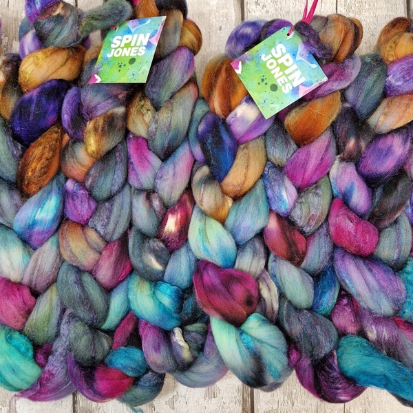 Hand dyed Merino wool and tussah silk fibre for spinning 100g (3.5oz) - CHRYSALISM