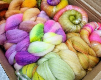 Spinning batts, dyed roving, and blended top selection box. Merino and Punta Arenas 12 x 25g BOX OF BITS #7