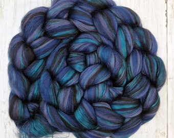 Blended Roving - Top - 100g - 3.5oz - Merino wool - Mulberry silk - Black - Deep jade - RAVEN