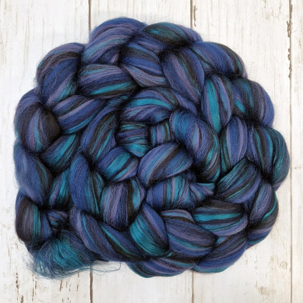 Blended Roving - Top - 100g - 3.5oz - Merino wool - Mulberry silk - Black - Deep jade - RAVEN