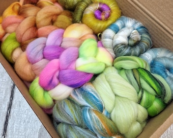 Spinning batts, dyed roving, and blended top selection box. Merino and Punta Arenas 12 x 25g BOX OF BITS #8