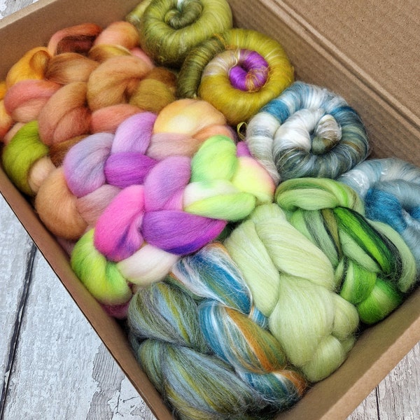 Spinning batts, dyed roving, and blended top selection box. Merino and Punta Arenas 12 x 25g BOX OF BITS #8