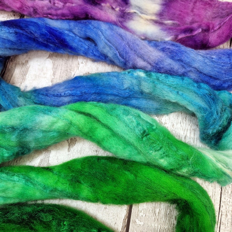 Hand dyed BFL wool and tussah silk fibre for spinning 100g 3.5oz ENCHANTMENT image 2