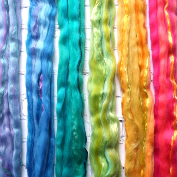 Spinning fibre blended top Rainbow Pack - 6 x 20g/0.7oz samples - 23 micron Merino - Mulberry silk - 120g - 4.2oz - WATERCOLOURS