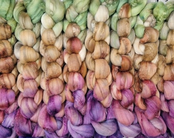 Hand dyed Merino wool and tussah silk fibre for spinning 100g (3.5oz) - HEATH