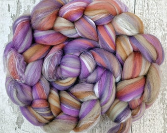 Blended top for spinning and felting. 21 micron Merino wool and silk. 100g (3.5oz) HEATH