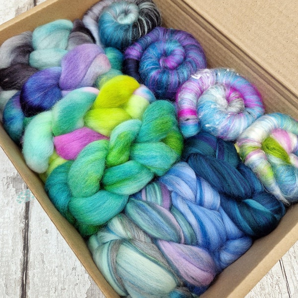 Spinning batts, dyed roving, and blended top selection box. Merino and Punta Arenas 12 x 25g BOX OF BITS #9