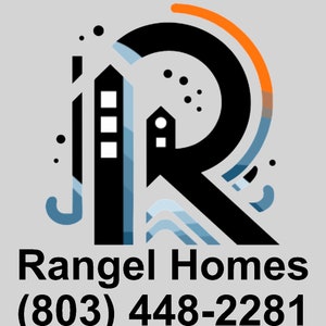 May include: A black and white logo with a stylized letter R, featuring a building with windows and a blue and orange design. The text "Rangel Homes (803) 448-2281" is below the logo.