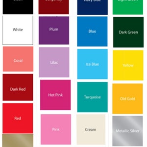 May include: A color chart with 20 different colors, including black, white, red, blue, green, yellow, pink, and gold. The colors are arranged in a grid of four rows and five columns.