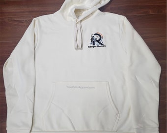 May include: A white hooded sweatshirt with a black and blue logo that says "Rangel Homes" on the front. The sweatshirt has a kangaroo pocket and a drawstring hood.