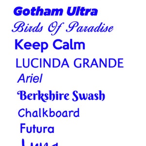 May include: A list of font names in blue text on a white background. The font names include Spinnaker, Port 118, Gotham Black, Gotham Ultra, Birds of Paradise, Keep Calm, Lucinda Grande, Ariel, Berkshire Swash, Chalkboard, Futura, Luna, and Obelisk Pro. The text at the bottom of the image reads "VinylWorldCreations.etsy.com".
