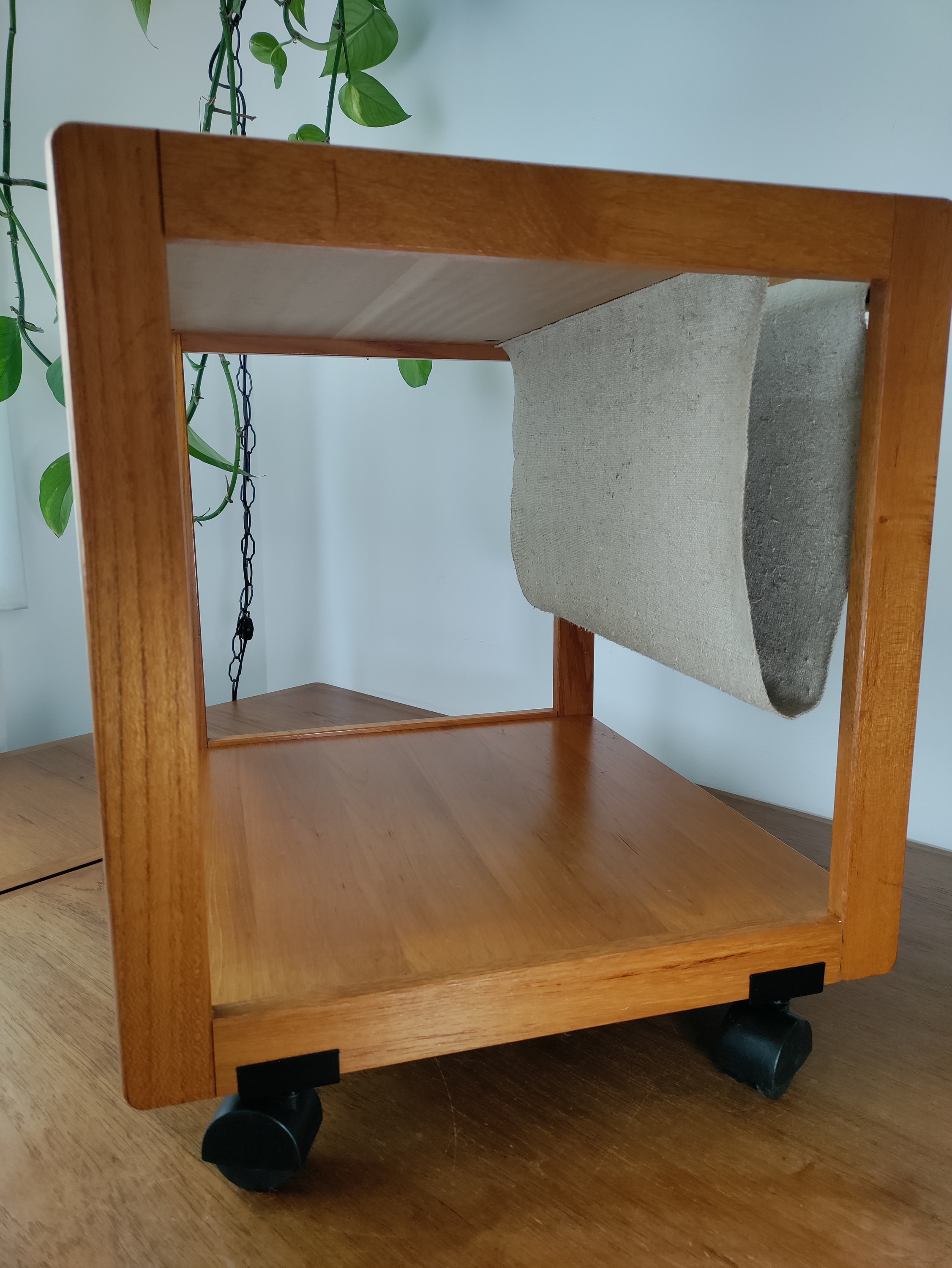 Danish Teak Rolling Table Magazine Rack W/ HEMP Sling FBJ MOBLER ...