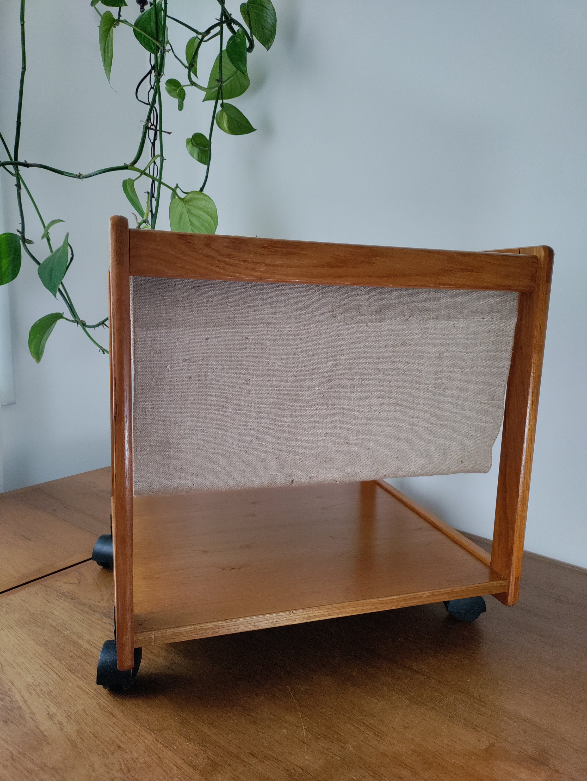 Danish Teak Rolling Table Magazine Rack W/ HEMP Sling FBJ MOBLER ...