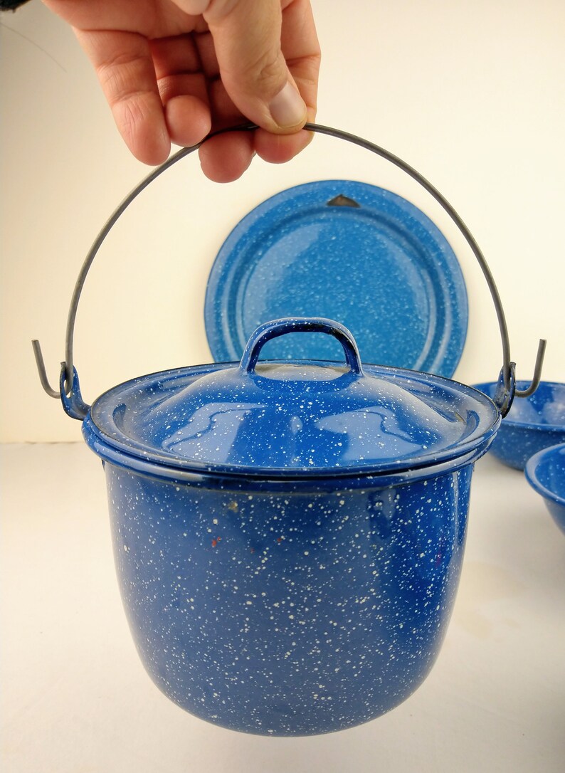 Vintage Blue Speckled Enamelware Dishware Pot Plate Oval Etsy