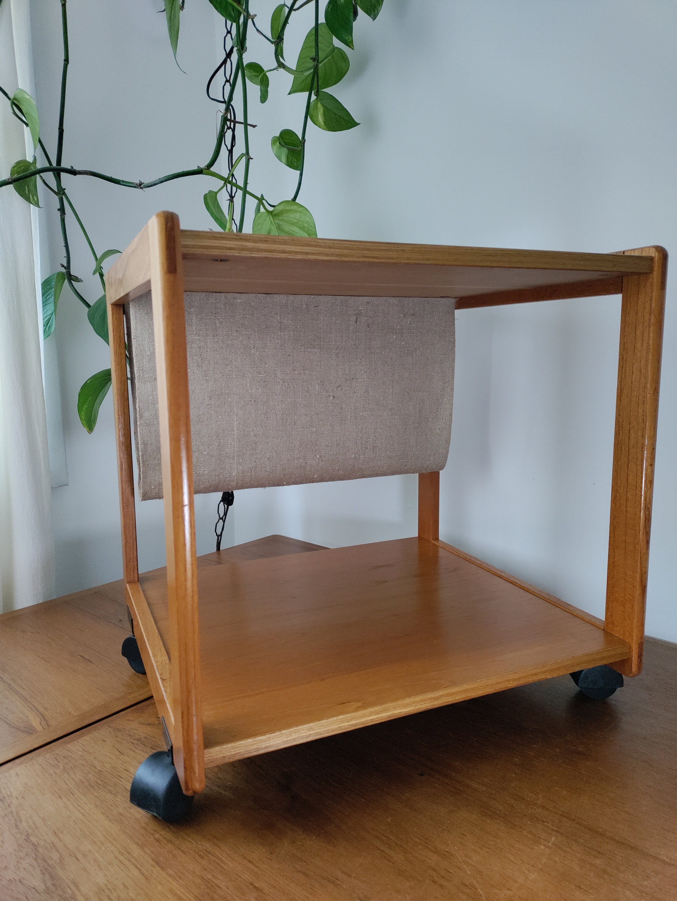 Danish Teak Rolling Table Magazine Rack W/ HEMP Sling FBJ MOBLER ...