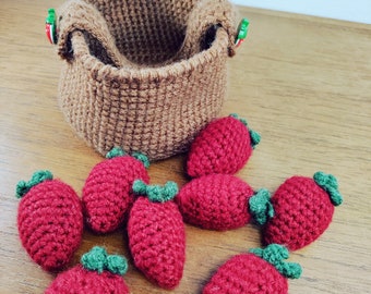 Handmade Crochet Food Pretend Play Child's Toy Strawberries Basket Montessori Toys
