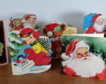 Vintage 1950's Christmas Flocked Santa Holiday Greeting Cards Paper Ephemera LOT