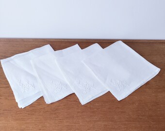 Vintage 100% Pure Linen Napkin Hand Stitched Flower Bright White Set of 4