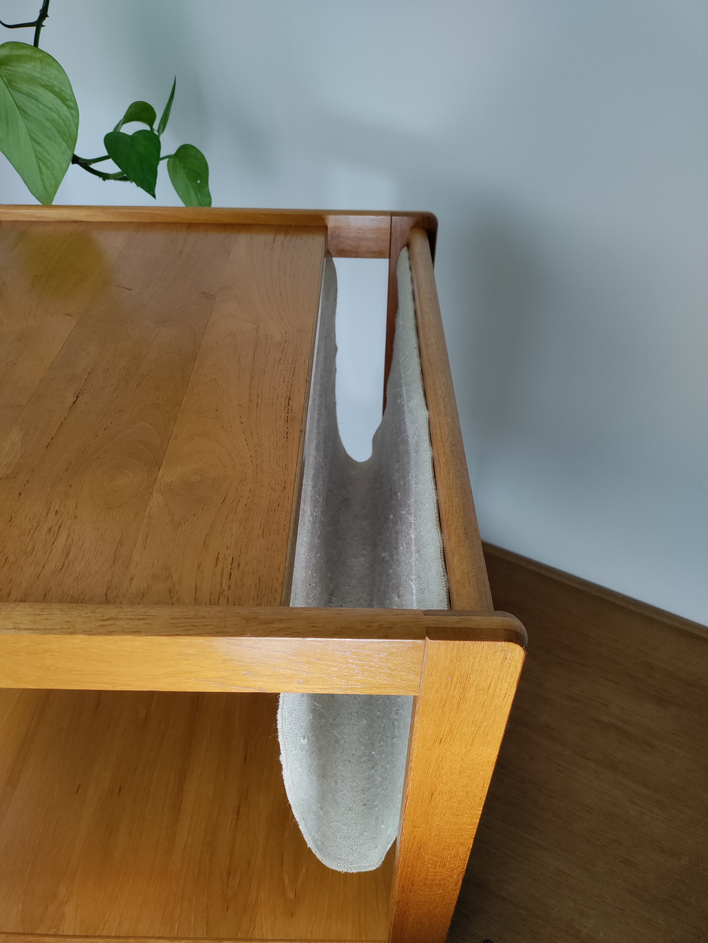 Danish Teak Rolling Table Magazine Rack W/ HEMP Sling FBJ MOBLER ...