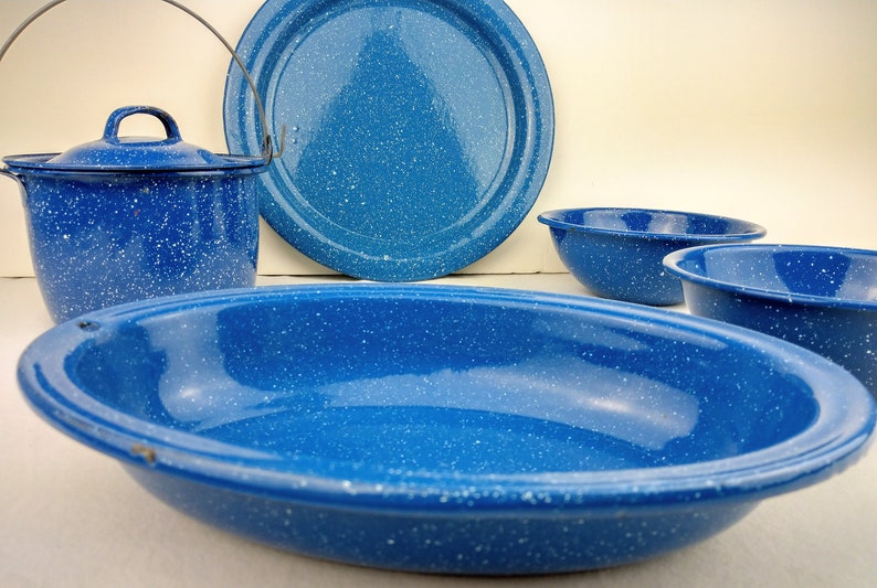 Vintage Blue Speckled Enamelware Dishware Pot Plate Oval Etsy
