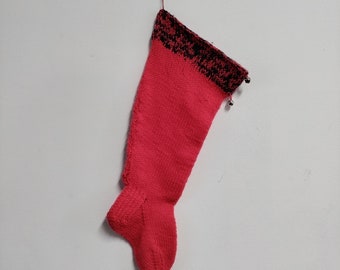 Vintage Christmas Hand Knit Stocking Red Green Yarn Jingle Bells Decor