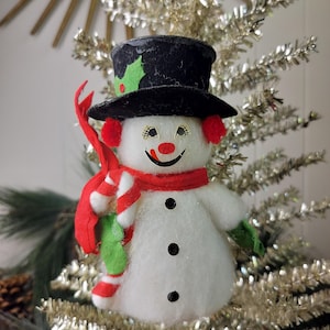 Vintage Snowman Ornament Cotton Batting Paper Face Pom Pom Flocked Top Hat Table Top Decor