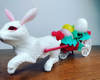 Vintage 50's Plastic Blow Mold Bunny Rabbit Pulling Egg Cart Hong Kong