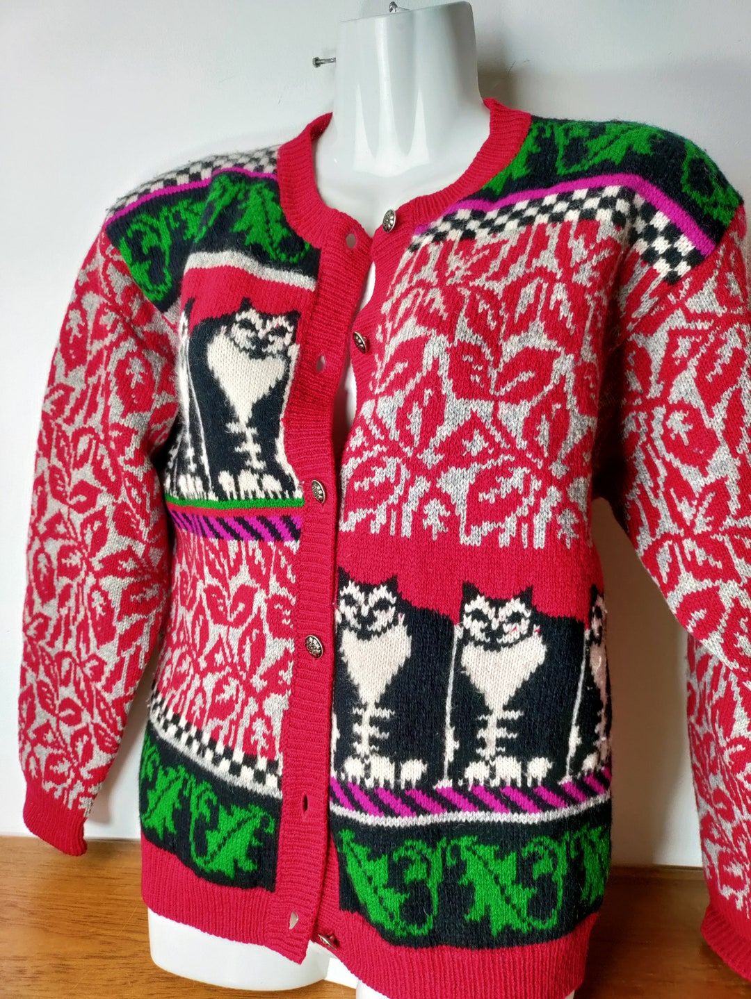 Gilet En Laine Susan Bristol – Femme M – Rouge Avec Chats – Zip Intégral – Neuf