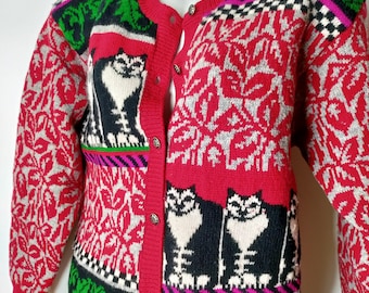 Vintage Susan Bristol Cat Sweater Cardigan Black & White Kitty Wool Blend Women's