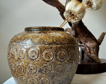Antique 19th Century Thai Pottery Coin Stamped Starburst Earthenware Vessel Pot Martaban Jar
