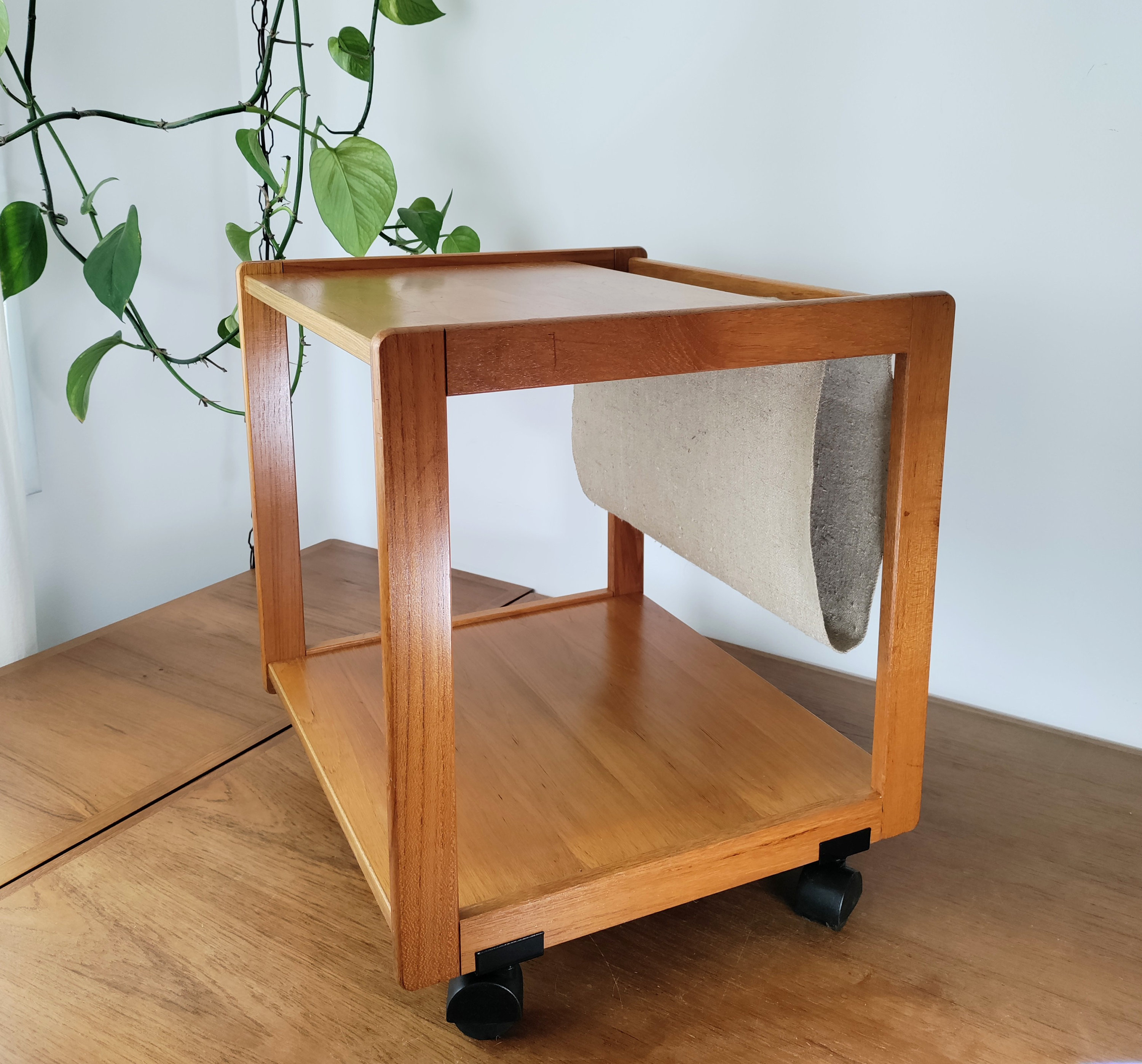 Danish Teak Rolling Table Magazine Rack W/ HEMP Sling FBJ MOBLER ...
