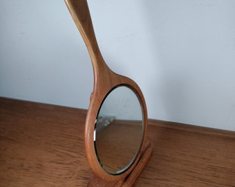 Danish Teak Wood Hand Mirror on Stand MCM Home Decor