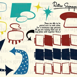 May include: Retro signage set of 4 with various shapes, including arrows, stars, and frames. The shapes are in red, blue, yellow, and green. The text "Retro Signage Set 4" is at the top of the image. The text "These are able to be pasted next to each other for a continuous sign pattern! (If you are cutting them out of vinyl please weld together first.)" is in the middle of the image.