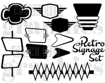 May include: A set of black and white retro signage elements, including a cloud, a starburst, a signpost, a chevron, and a fence. The text "Retro Signage Set" is included in the image.