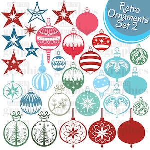 Op de afbeelding: Een set van 25 retro kerstversieringen in verschillende kleuren en ontwerpen, waaronder sterren, sneeuwvlokken en ornamenten met geometrische patronen. De ornamenten zijn allemaal in een platte, cartoonachtige stijl.