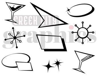 May include: Black and white graphic design elements, including martini glasses, starbursts, and geometric shapes. The image features a retro, mid-century modern style, perfect for digital art or design projects.