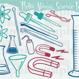 May include: A set of retro atomic science illustrations, including a beaker, a graduated cylinder, a funnel, a pair of tweezers, a dropper, a magnet, and an atom symbol. The illustrations are in a blue, green, and red color scheme.