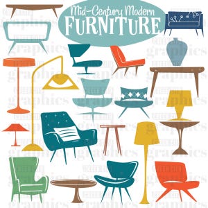 Puede incluir: Una colección de siluetas de muebles modernos de mediados de siglo en varios colores, incluyendo un sofá, sillas, mesas y lámparas. El texto "Mid-Century Modern Furniture" se muestra en un círculo azul y blanco.