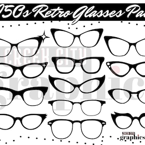 Op de afbeelding: Een set van 10 zwart-witte retro-brillenillustraties in een stijl uit de jaren 1950. De brillen hebben allemaal verschillende vormen en maten en zijn perfect om een vintage touch toe te voegen aan elk ontwerp.